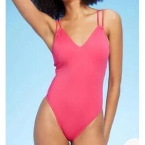 Shade & Shore Hot Pink Tunneled Plunge Hi Leg Cheeky One Piece Swimsuit Sz M Nwt